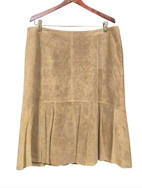 Alfani Suede A-Line Skirt Tan Pleated Bottom Panel Women's Size 14 Lined